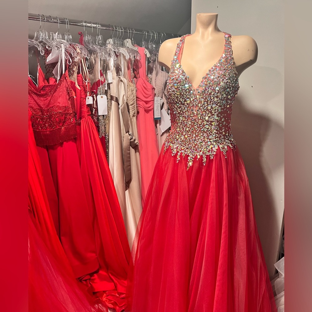 Color: Carmine/Nude. Size 10. Floor length Dress.